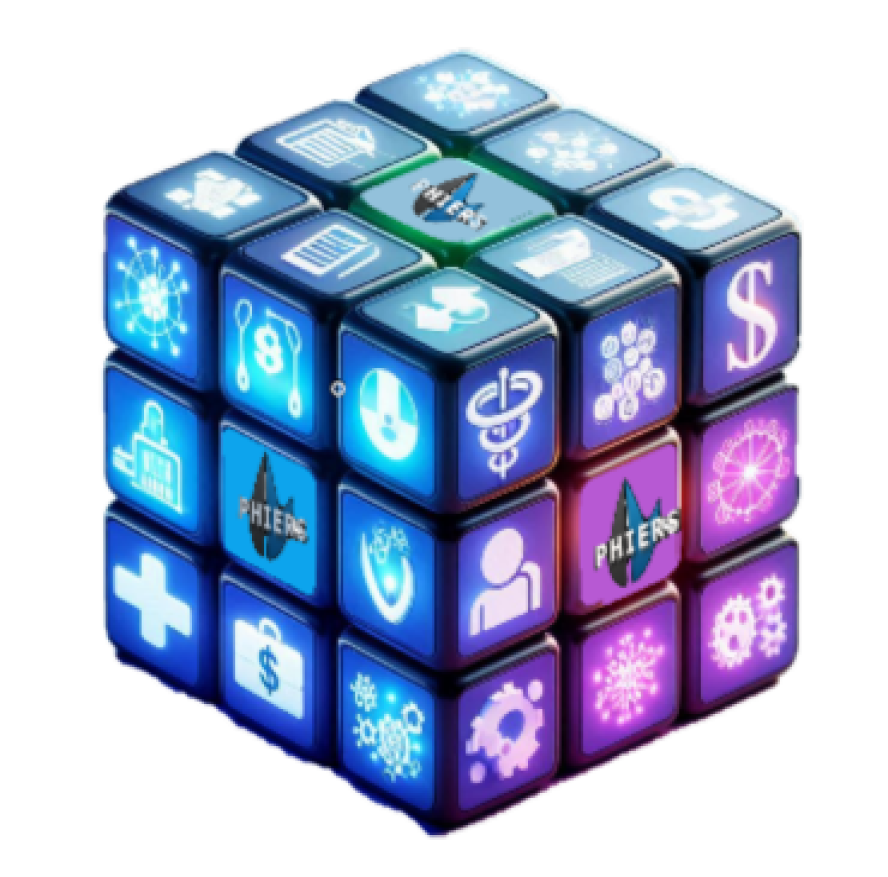 PHIERS 5D Solutions Rubik's Cube — five interconnected dimensions: healthcare, jobs, economy, politics, and peace