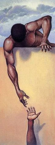 He Ain't Heavy — A Black man reaching down to lift someone up.