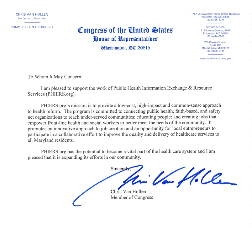 Letter of Support from Congressman Chris Van Hollen